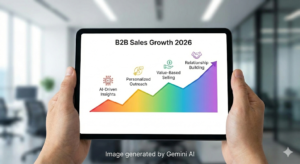 A close-up photograph of hands holding a black digital tablet. The tablet's screen shows a colorful, upward-sloping area chart titled "B2B Sales Growth 2026". The chart has a rainbow gradient from red at the bottom left to purple at the top right. Four distinct points are labeled on the chart with icons: "AI-Driven Insights" with a microchip icon, "Personalized Outreach" with a person and speech bubble icon, "Value-Based Selling" with a hand holding a coin icon, and "Relationship Building" with a handshake icon. The background is a blurred modern office environment. At the bottom center of the image, the text "Image generated by Gemini AI" is present.