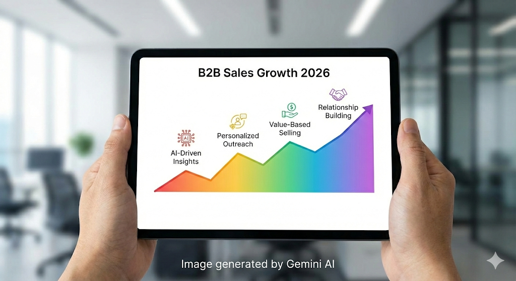 A close-up photograph of hands holding a black digital tablet. The tablet's screen shows a colorful, upward-sloping area chart titled "B2B Sales Growth 2026". The chart has a rainbow gradient from red at the bottom left to purple at the top right. Four distinct points are labeled on the chart with icons: "AI-Driven Insights" with a microchip icon, "Personalized Outreach" with a person and speech bubble icon, "Value-Based Selling" with a hand holding a coin icon, and "Relationship Building" with a handshake icon. The background is a blurred modern office environment. At the bottom center of the image, the text "Image generated by Gemini AI" is present.