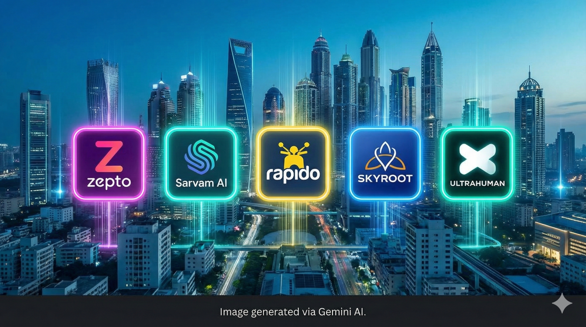 A futuristic cityscape at twilight features five square, neon-glowing logos connected by light trails: Zepto (magenta), Sarvam AI (teal), Rapido (yellow), Skyroot (blue), and Ultrahuman (cyan). Below the cityscape, a caption reads, "Image generated via Gemini AI."