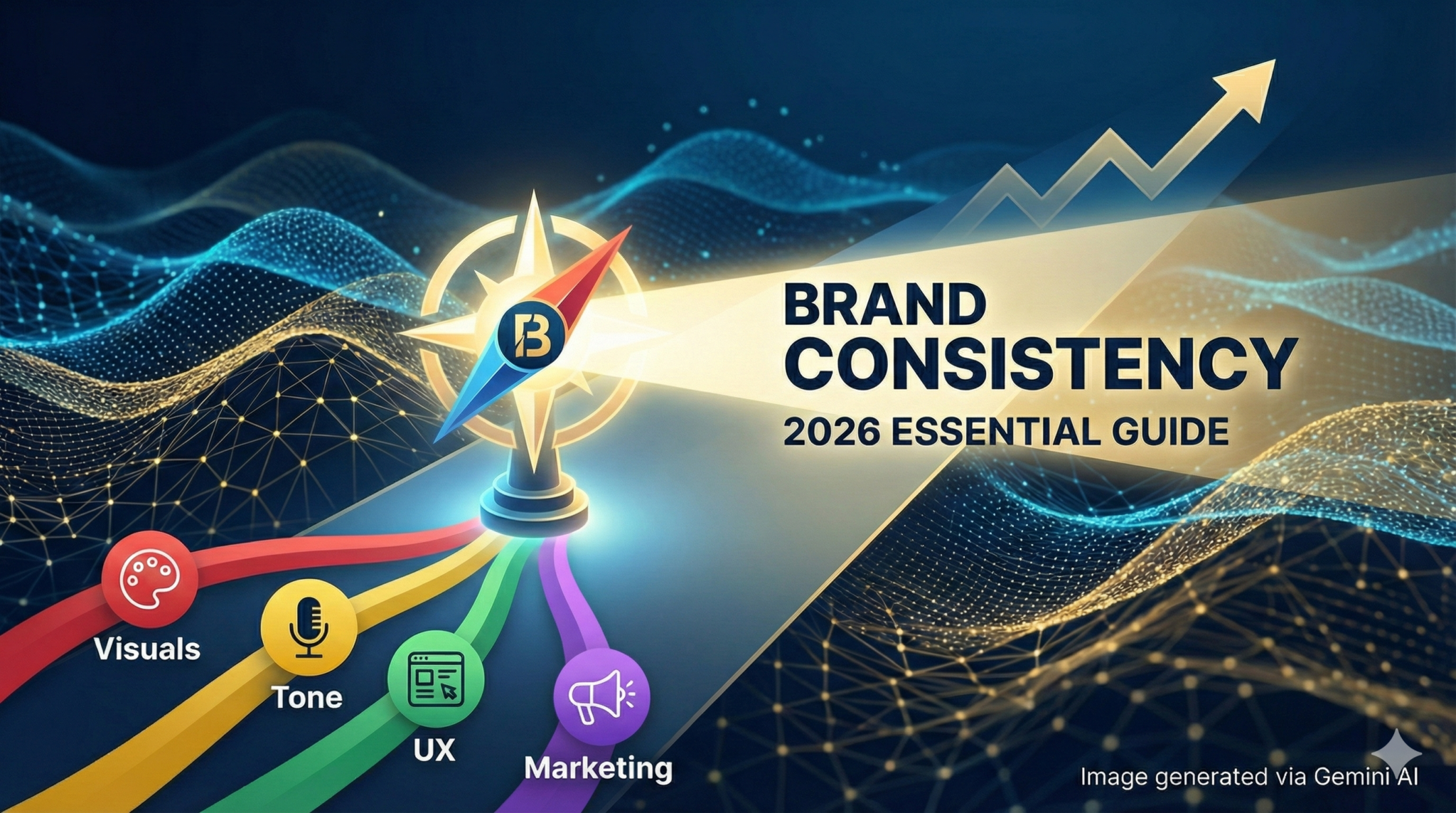 Futuristic compass illustration labeled Brand Consistency 2026 Essential Guide, showing four colored paths—Visuals, Tone, UX, and Marketing—converging to drive upward business growth.