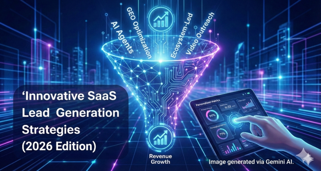 A futuristic digital illustration titled 'Innovative SaaS Lead Generation Strategies (2026 Edition)' set against a neon blue and purple data landscape. A glowing funnel centralizes inputs labeled 'AI Agents', 'GEO Optimization', 'Ecosystem-Led', and 'Video Outreach', flowing down into an icon for 'Revenue Growth'. To the right, a hand holds a tablet displaying graphs for 'Personalized Metrics'. The credit 'Image generated via Gemini AI.' is at the bottom right.