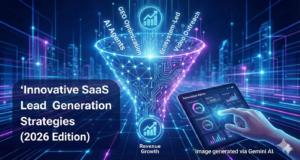A futuristic digital illustration titled 'Innovative SaaS Lead Generation Strategies (2026 Edition)' set against a neon blue and purple data landscape. A glowing funnel centralizes inputs labeled 'AI Agents', 'GEO Optimization', 'Ecosystem-Led', and 'Video Outreach', flowing down into an icon for 'Revenue Growth'. To the right, a hand holds a tablet displaying graphs for 'Personalized Metrics'. The credit 'Image generated via Gemini AI.' is at the bottom right.