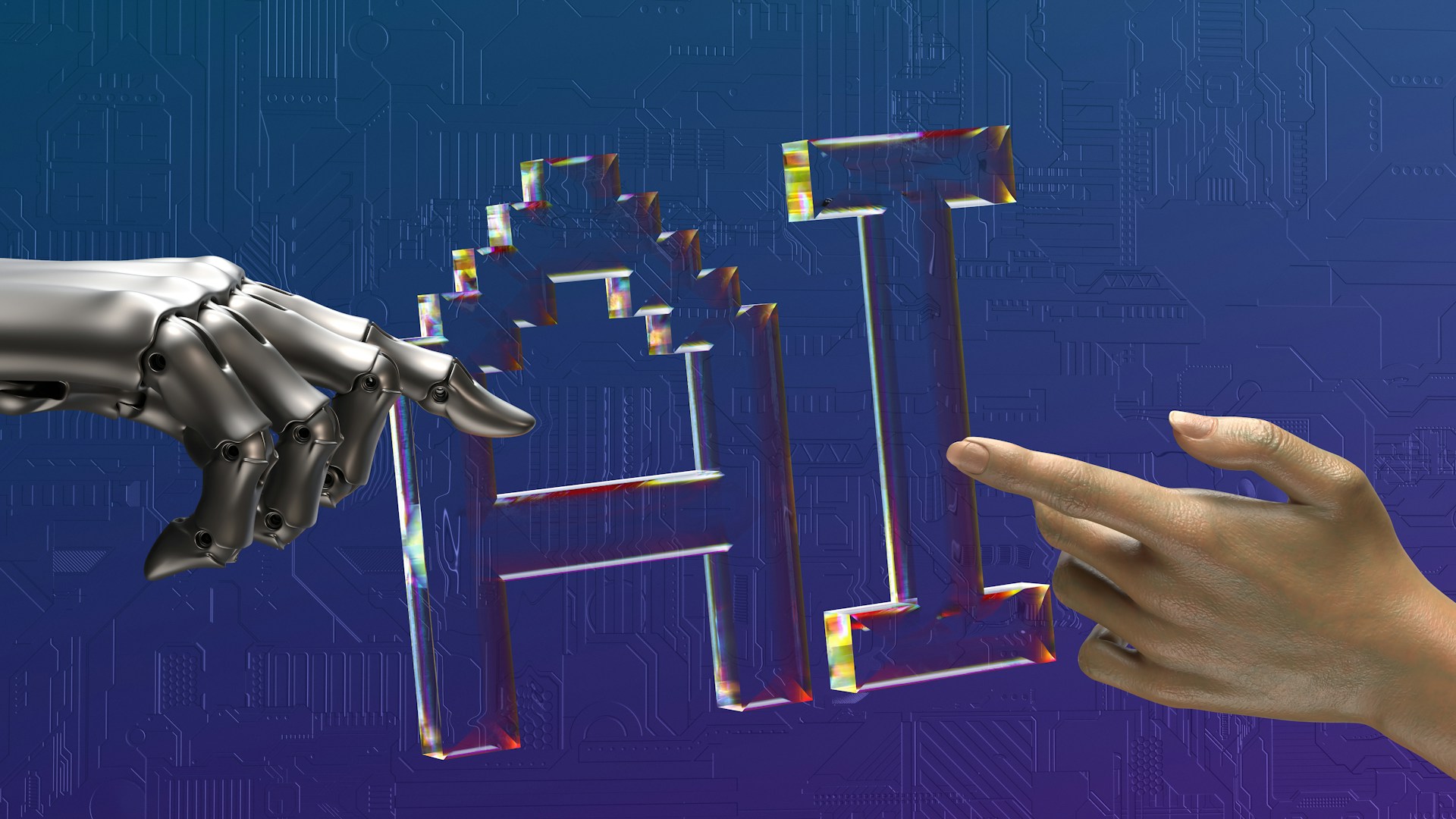 Futuristic illustration of a metallic robot hand and a human hand reaching out to touch a glowing, translucent 'AI' symbol, set against a blue digital circuit background, representing human-AI collaboration.