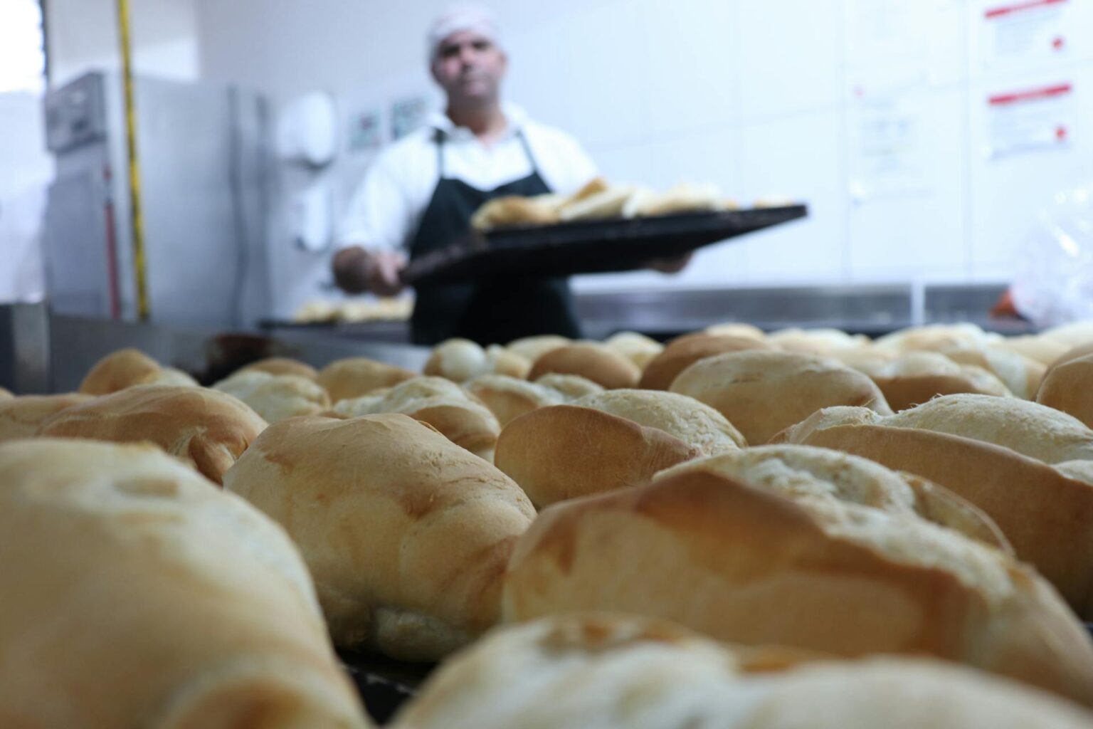 Close-up of freshly baked golden bread rolls in a commercial bakery, with a baker holding a tray in the background, representing bakery production and business operations.