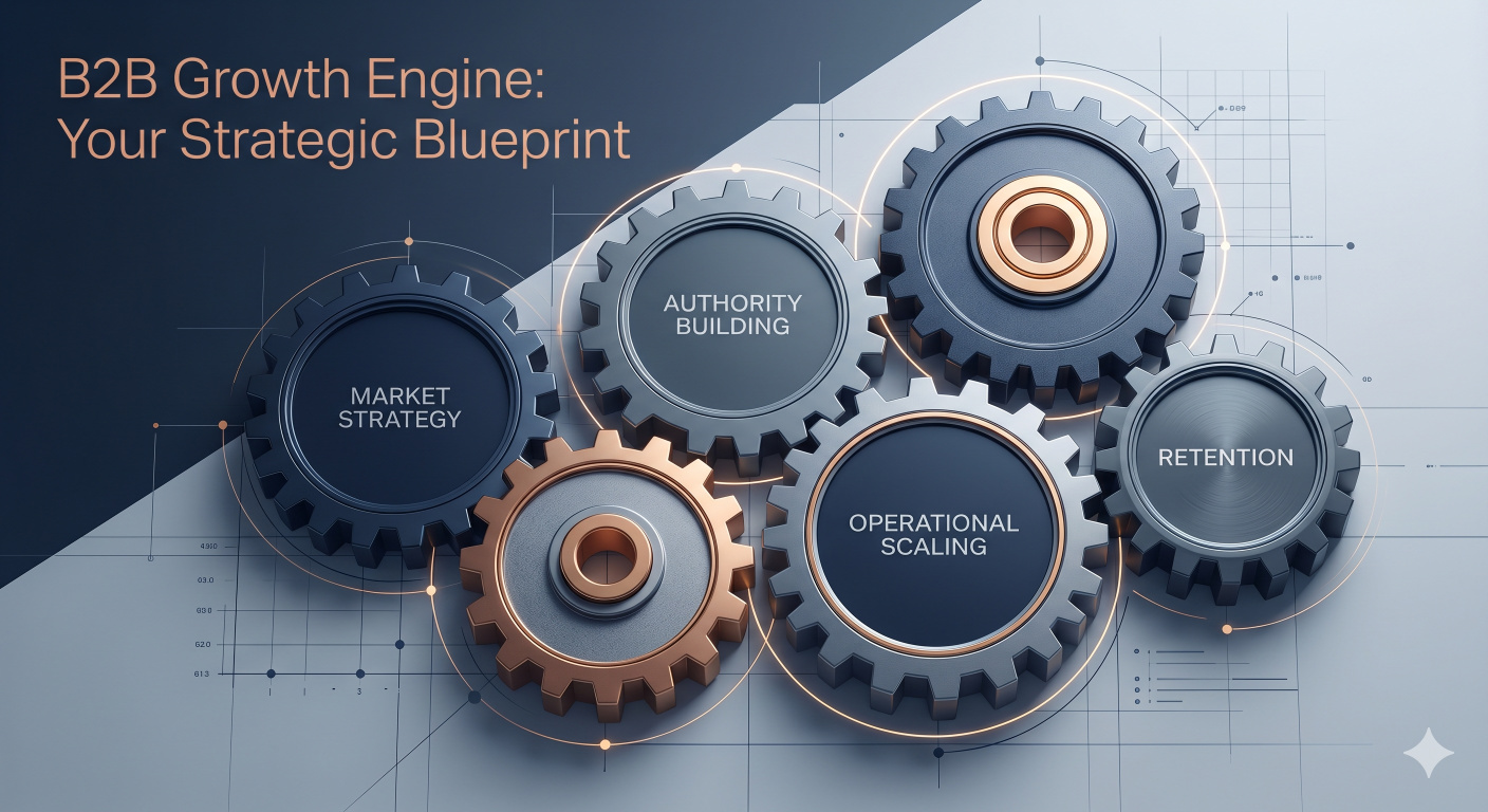 A professional architectural blueprint showing interlocking gears that represent the five pillars of a functional B2B growth engine. (Free image generated by Gemini for b2btimes.com).