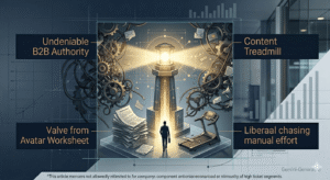 A professional conceptual illustration showing a founder walking away from a broken content treadmill towards a golden beacon of Undeniable B2B Authority. (Free, text-free visual asset generated by Gemini for b2btimes.com)