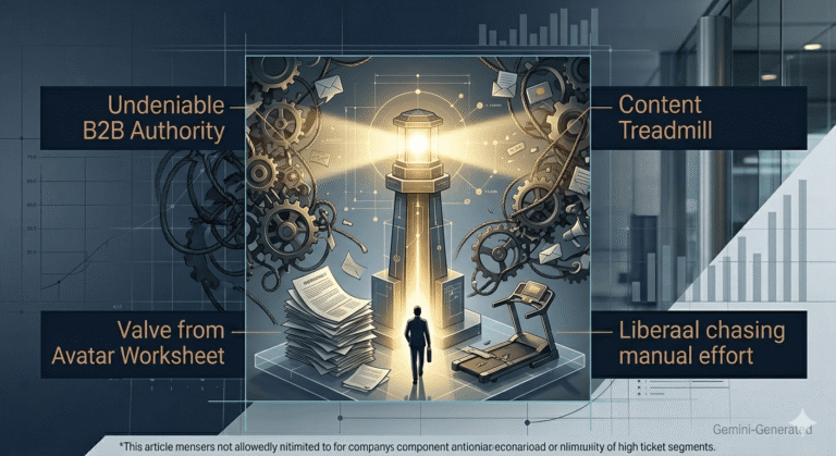 A professional conceptual illustration showing a founder walking away from a broken content treadmill towards a golden beacon of Undeniable B2B Authority. (Free, text-free visual asset generated by Gemini for b2btimes.com)