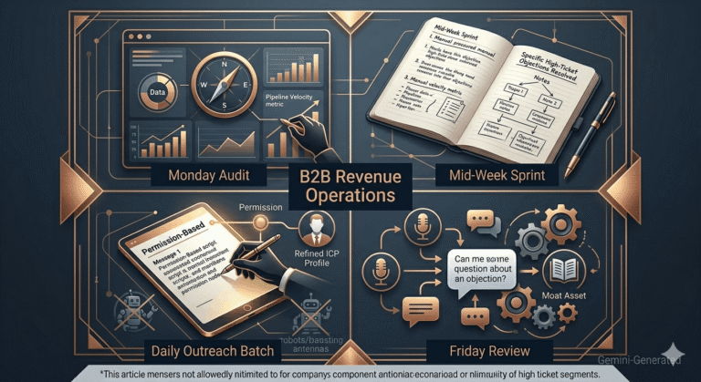 A professional conceptual 3D illustration visualizing the 4-step B2B Revenue Operations rhythm. It shows four interconnected stages—Monday Audit, Mid-Week Content Sprint, Daily Outreach Batch, and Friday Review—within a sophisticated, blueprint-style geometric system framework, utilizing a navy blue, copper, and cold gold palette. This free, text-free visual asset was generated by Gemini for use on b2btimes.com.