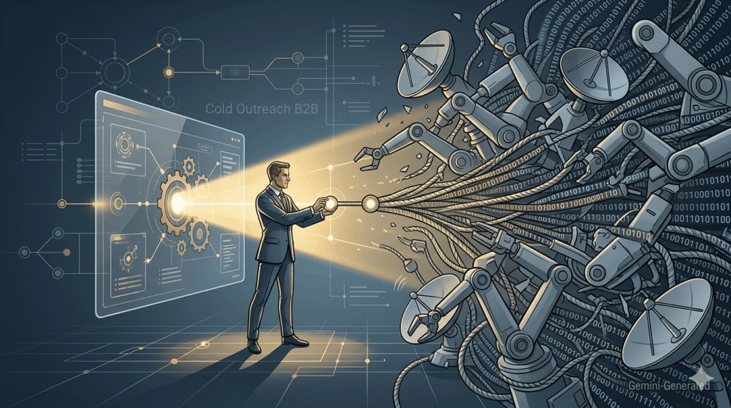 A professional conceptual illustration showing a focused human businessperson actively pushing away robotic arms, chaotic binary code, and standardized data clutter, demonstrating the manual advantage in high-ticket Cold Outreach B2B. This free, text-free visual asset was generated by Gemini for use on b2btimes.com.