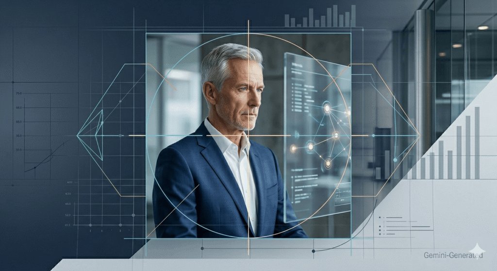 A professional, clean conceptual illustration showing a technical targeting reticle focused on a business leader profile, symbolizing precise definition of a High Ticket B2B ICP. (Free image generated by Gemini for b2btimes.com).