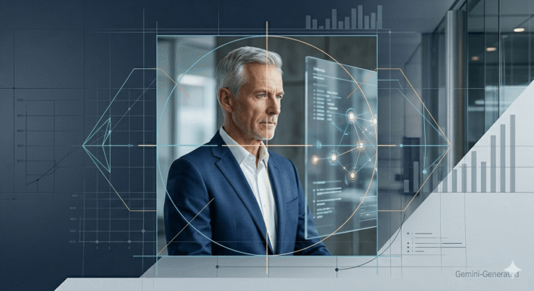 A professional, clean conceptual illustration showing a technical targeting reticle focused on a business leader profile, symbolizing precise definition of a High Ticket B2B ICP. (Free image generated by Gemini for b2btimes.com).