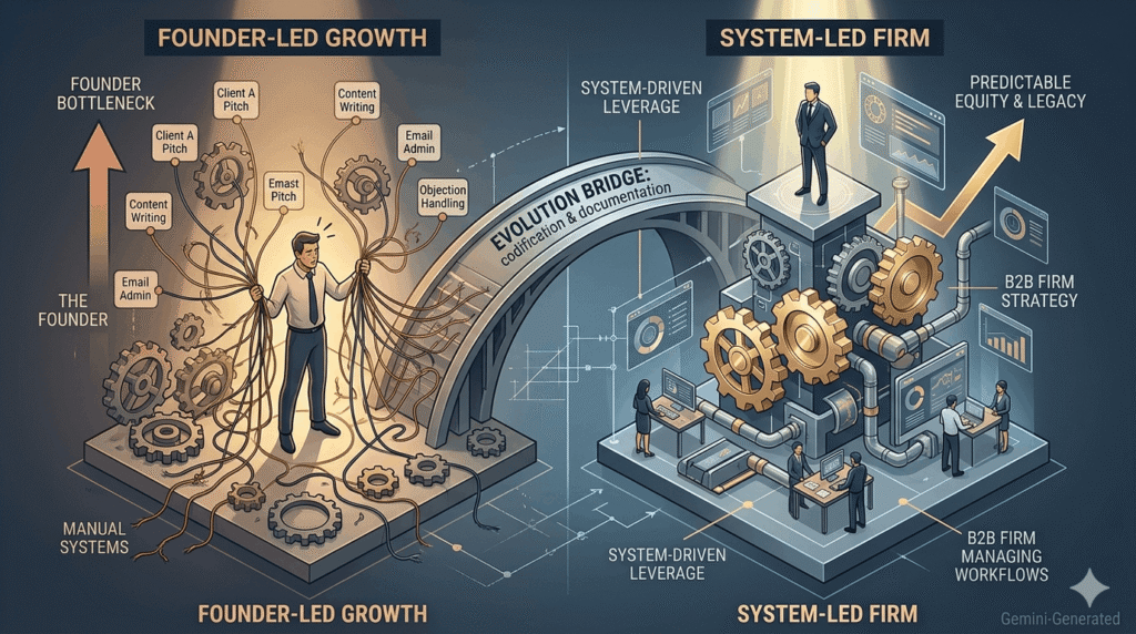 A professional conceptual 3D illustration visualizing the transition from a founder-centric growth bottleneck to a scalable, system-led B2B firm architecture. It uses a navy blue, copper, and cold gold blueprint style. This free, text-free visual asset was generated by Gemini for use on b2btimes.com.