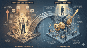 A professional conceptual 3D illustration visualizing the transition from a founder-centric growth bottleneck to a scalable, system-led B2B firm architecture. It uses a navy blue, copper, and cold gold blueprint style. This free, text-free visual asset was generated by Gemini for use on b2btimes.com.