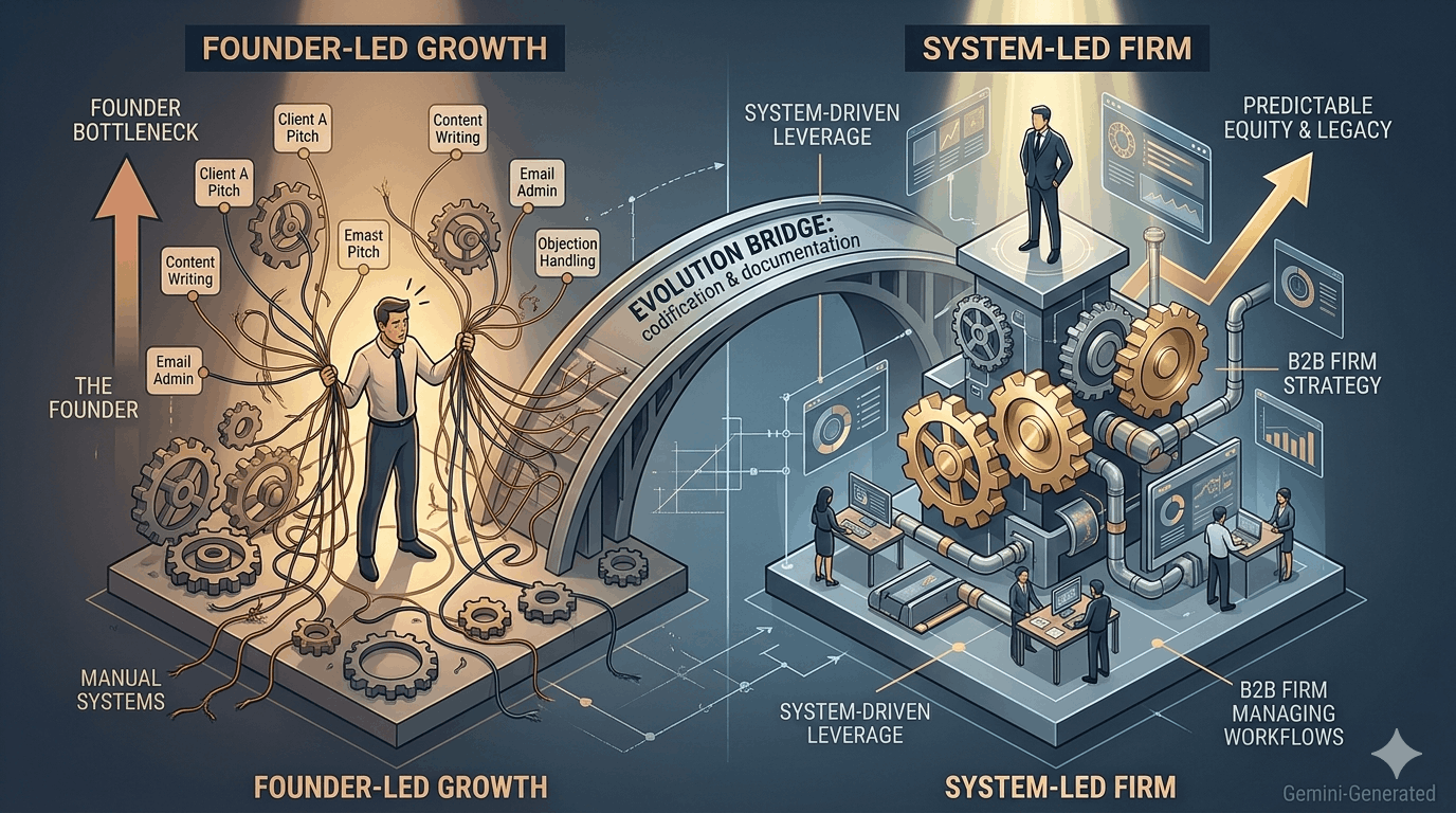 A professional conceptual 3D illustration visualizing the transition from a founder-centric growth bottleneck to a scalable, system-led B2B firm architecture. It uses a navy blue, copper, and cold gold blueprint style. This free, text-free visual asset was generated by Gemini for use on b2btimes.com.